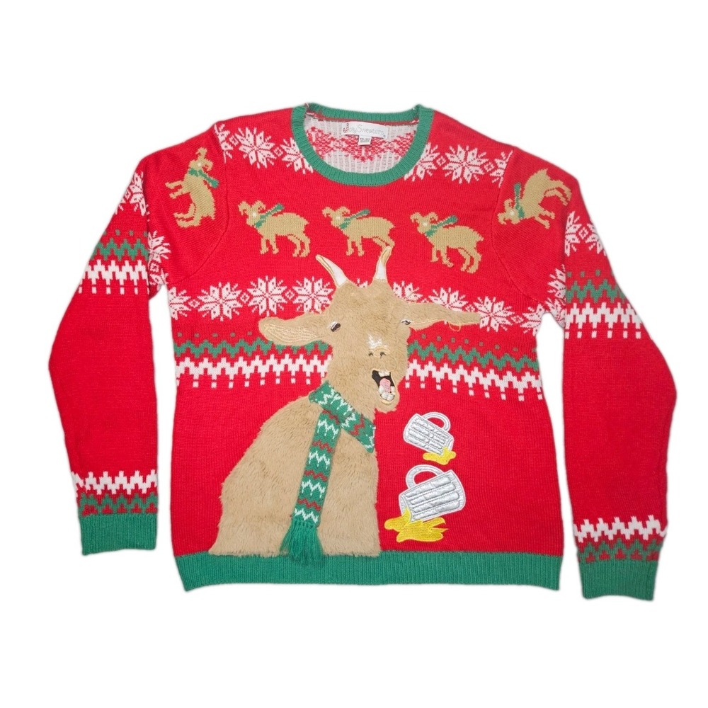Jolly Sweaters Ugly Christmas Sweater XXL Screaming Goat Beer Mug Fuzzy Applique